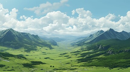 Naklejka premium Top view of a lush green valley on a summer sunny day. Panoramic view with mountain ranges on the horizon. Nature background. Illustration for cover, card, postcard, interior design, decor or print.