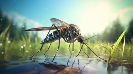 Close-up of a mosquito sits in a puddle of water. Blood-sucking insect. Carrier of dangerous diseases. Illustration for banner, poster, cover, brochure or presentation.