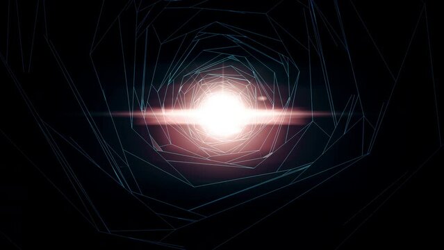 Flying through 3D futuristic tunnel with light at the end, 4K abstract animation of wormhole tunnel