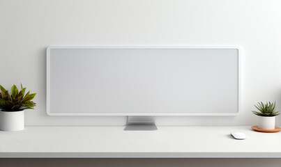 Blank screen desktop computer in minimal office room with decorations and copy space.