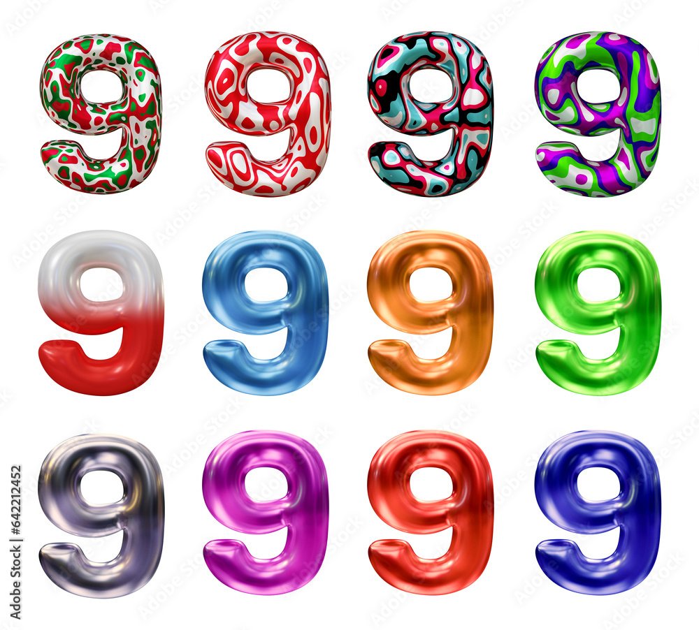 Poster set of number 9 in 3d rendering isolated on transparent background for math, business and education 