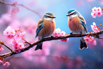 Two colorful birds sit on a branch on blue background. Generative AI