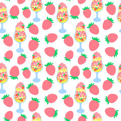 pink strawberries and ice cream cup seamless vector repeat pattern.