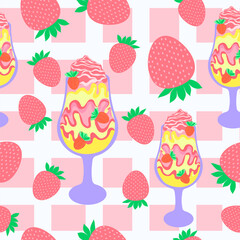 Strawberry and mango ice cream with cute pink strawberries with stripes with pink blocks seamless pattern. Suitable for tiles, fabric, decoration, wrapping and more.