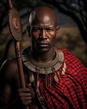 Maasai Warrior In Traditional Attire, Standing Against A Backdrop Of The African Landscape, Holding A Spear And Shield. Generative AI