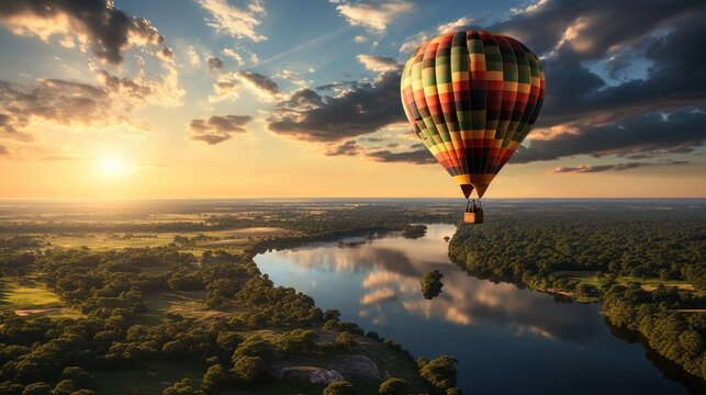 Aerial photograph capturing the winding course of the mighty Zambezi River as it flows through the pristine wilderness of Zambia, framed by lush greenery and dramatic cliffs. Generative Ai