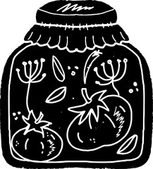 Preservation jar with tomatoes. Illustration in linocut style, rustic style. Vector element for design