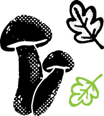 Mushrooms. Illustration in linocut style, stylization, rustic style. Vector element for design