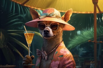 The dog wearing sunglasses and a fancy cocktail umbrella, having vacaction
