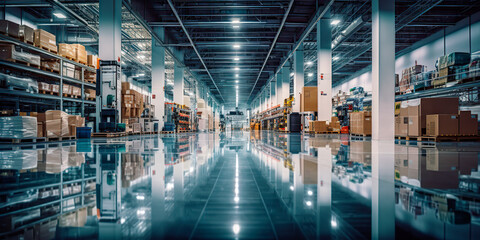 High-tech warehouse with a high level of electronics, equipped to store and sort goods