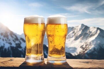 Two beer glasses outdoors under the sunlight, snowy mountains and castle in the background, winter ski vacation vibe