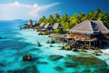 Tropical island with water bungalows at Maldives. Small island in Maldives with few palm trees and blue lagoon. Tropical island with water bungalows and coconut palm trees