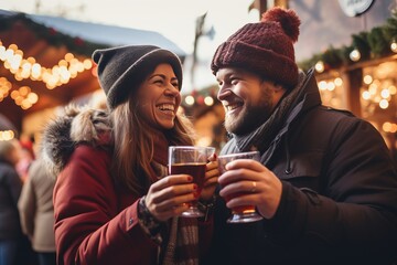 Two young cheerful people drinking mulled wine at the christmas market on a winter vacation - obrazy, fototapety, plakaty