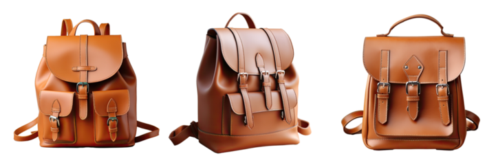 Fashionable brown leather bag or backpack against a transparent background