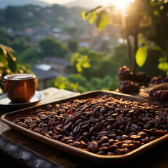 Fototapeta premium Coffee beans fresh and roasted Coffee beans on a plantation, ai generated
