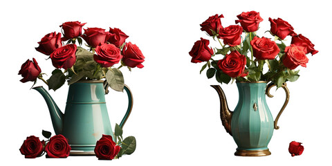 Obraz premium Red roses in turquoise coffee pot on a transparent background