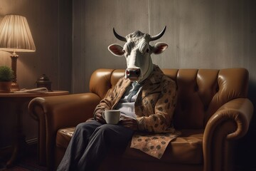 A cow dressed in clothes lies in a sofa  - obrazy, fototapety, plakaty