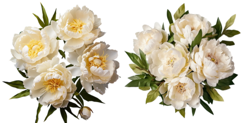 White peonies in bouquet against transparent background Floral design flat lay