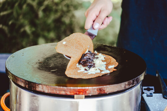 breton galette. buckwheat crepe. making buckwheat pancakes.