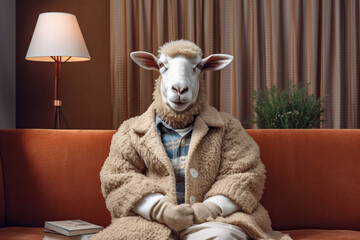 A sheep dressed in casual clothes lies in a sofa at home