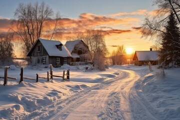 Beautiful Winter landscape in a small village at sunset - stock concepts