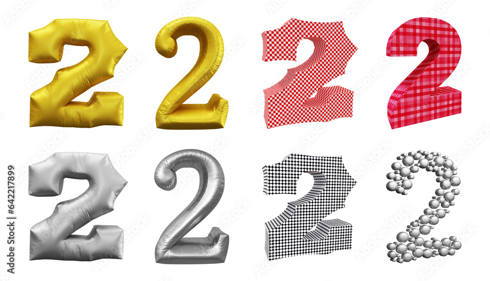 Poster set of number 2 in 3d rendering isolated on transparent background for math, business and education 