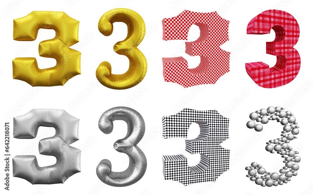 Poster set of number 3 in 3d rendering isolated on transparent background for math, business and education 