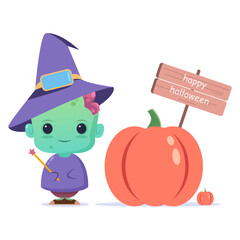vector illustration, zombie in a witch costume with a magic wand .pumpkin