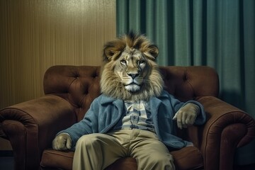 A lion dressed in casual clothes lies in a sofa