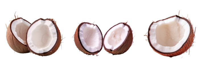 Coconut halves sprout seeds as they split transparent background