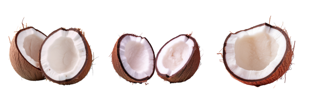 Coconut halves sprout seeds as they split transparent background