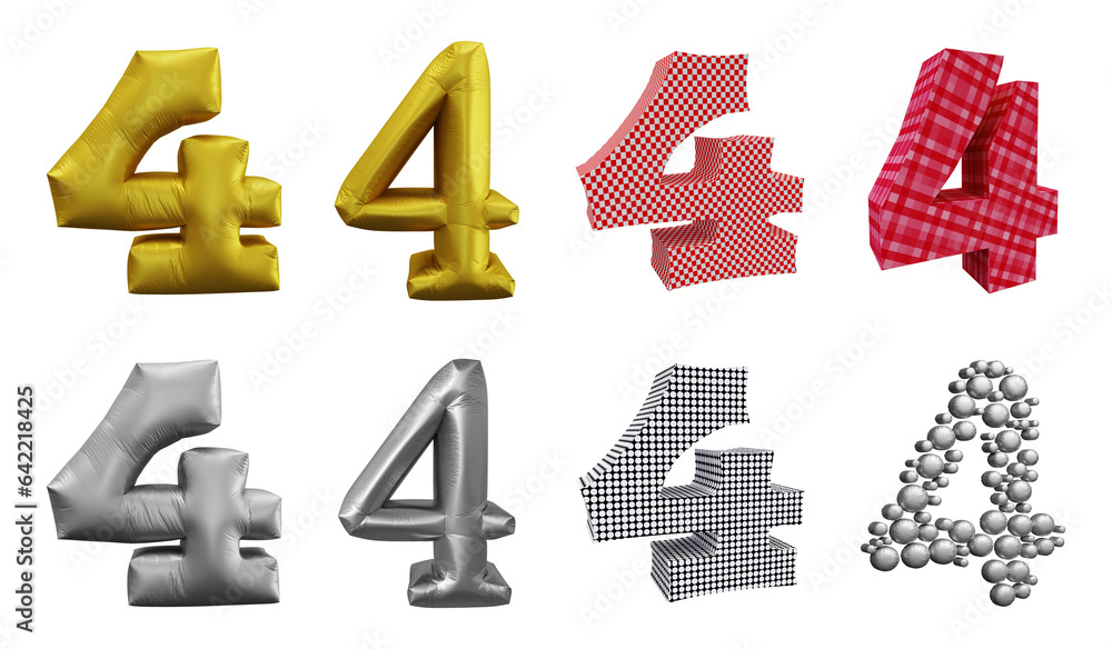 Poster set of number 4 in 3d rendering isolated on transparent background for math, business and education 