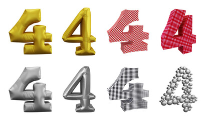 Set of number 4 in 3d rendering isolated on transparent background for math, business and education concept