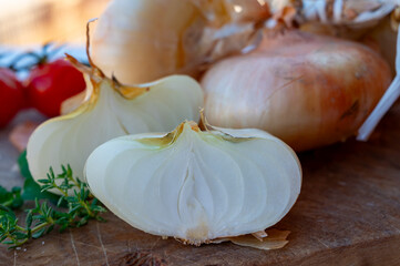 Flat sweet onions cipolla di cannara from Sicily, Italy