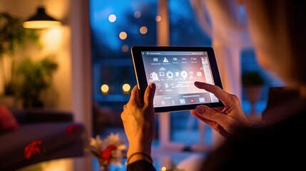 Woman holds tablet with smart home app to control devices in her modern house - obrazy, fototapety, plakaty