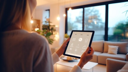Woman holds tablet with smart home app to control devices in her modern house