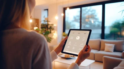 Foto op Canvas Woman holds tablet with smart home app to control devices in her modern house © leszekglasner