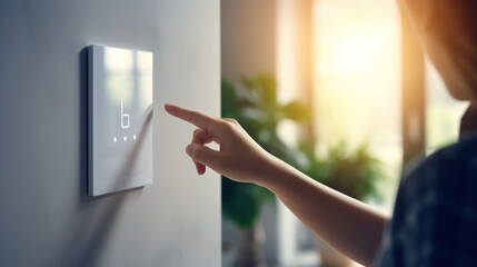 Woman touching smart home control system device on wall