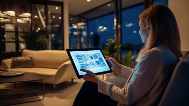 Woman holds tablet with smart home app to control devices in her modern house