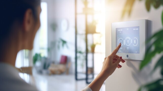 Woman touching smart home control system device on wall