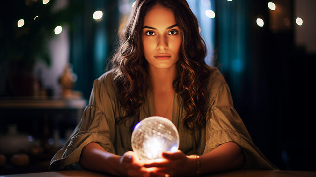 Portrait of a beautiful young woman sitting in a cafe and holding a crystal ball. The concept of divination, magic and esotericism. Selective focus.  