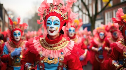 Fototapeta premium Festive processions wind through streets, masks and costumes invoking laughter, sharing cherished memories through joyful dances and melodies