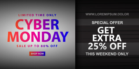 
Cyber ​​Monday sale banner with bright red to blue gradient color typography on background, vector illustration template.
