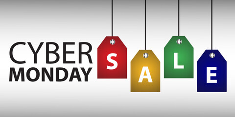 Cyber ​​​​Monday sale website display with colorful hang tag vector promotion