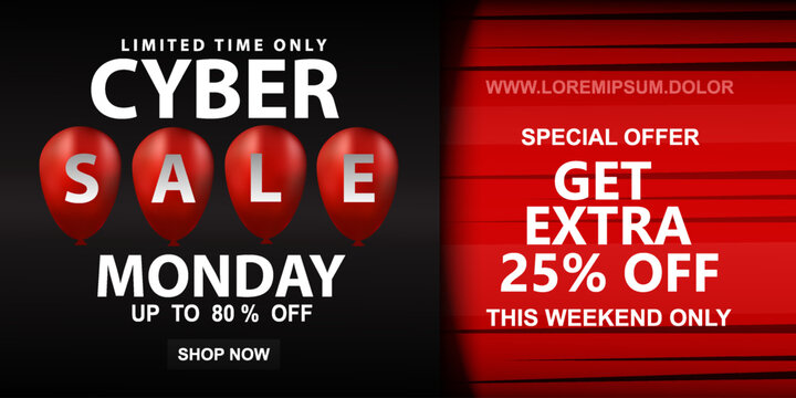 Cyber ​​Monday sale website display with red balloon hang tag vector promotion