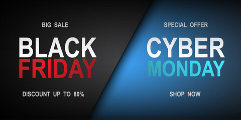 
Black Friday and cyber Monday banner. Super sale at the end of the season. Black and blue realistic gift box. Special offer concept vector illustration.