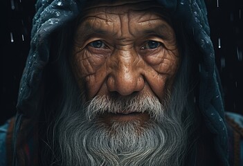 close up portrait of an elderly man of Asian appearance, hard worker in hat