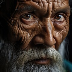 close up portrait of an elderly man of Asian appearance, hard worker in hat