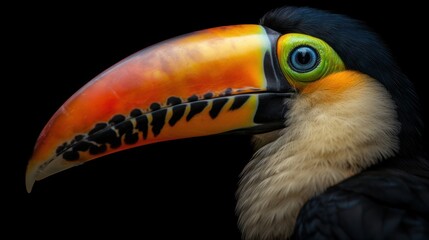 Close-up of the head of a toucan on a black background