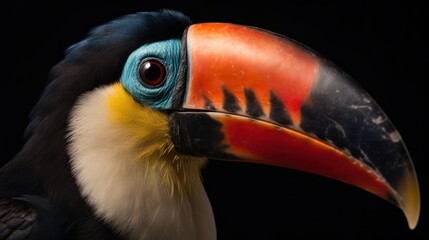 Toucan isolated on black background. Close up of a toucan.
